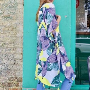 Tami Tropical Print Kimono With Tassels Neon Yello